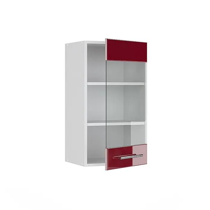 Vicco Schrankküche Fame-Line Bordeaux Hochglanz - Bordeaux Hochglanz, Hängeglasschrank 40 cm - Weißer Hängeschrank mit roter Hochglanztür oben, Glasmitteltür und roter Hochglanzschublade unten mit Metallgriff.