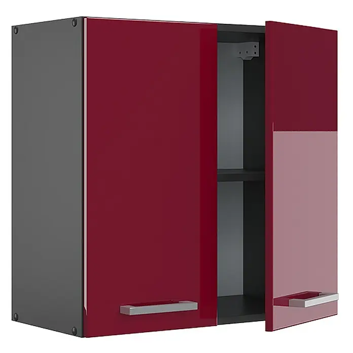 Vicco Schrankküche R-Line Rot Hochglanz - Rot Hochglanz, Hängeschrank 60 cm - Glänzender weinroter Hängeschrank mit zwei Türen, eine offenbart ein Regal und dunkelgraues Inneres. Mit silbernen Griffen.