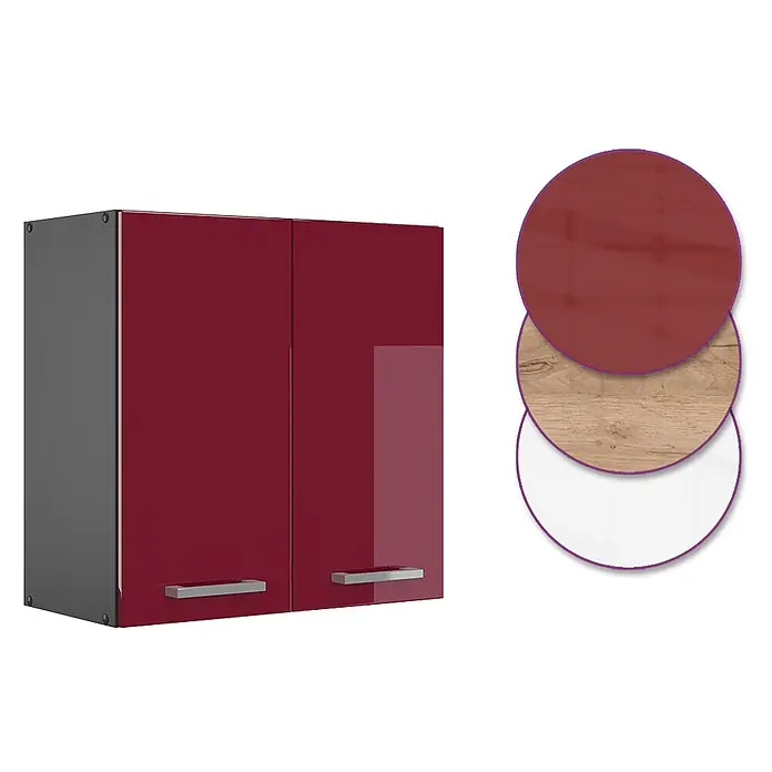 Vicco Schrankküche R-Line Rot Hochglanz - Rot Hochglanz, Hängeschrank 60 cm - Roter Hochglanz-Wandschrank mit zwei Türen, silbernen Griffen und grauen Seiten. Materialmuster zeigen Hochglanz Rot, Holz und Weiß.