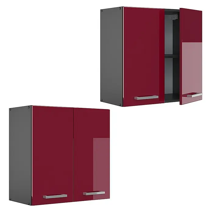 Vicco Schrankküche R-Line Rot Hochglanz - Rot Hochglanz, Hängeschrank 60 cm - Zwei glänzend dunkelrote und graue Küchenhängeschränke mit silbernen Griffen. Ein Schrank ist geschlossen, der andere offen mit Einlegeböden.