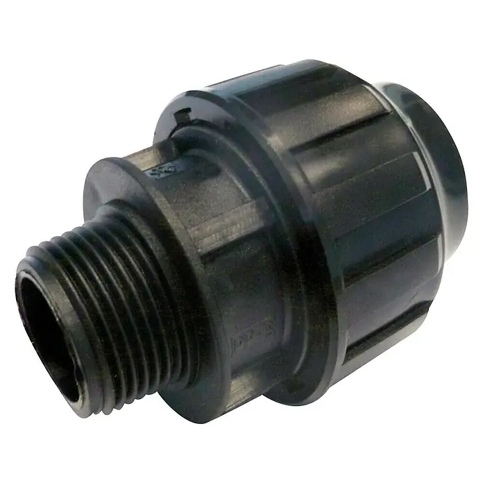 Enlace roscado PE macho - 32 mm, Polietileno - Racor de tubería de PE negro con rosca para una conexión segura y fiable en sistemas de riego.