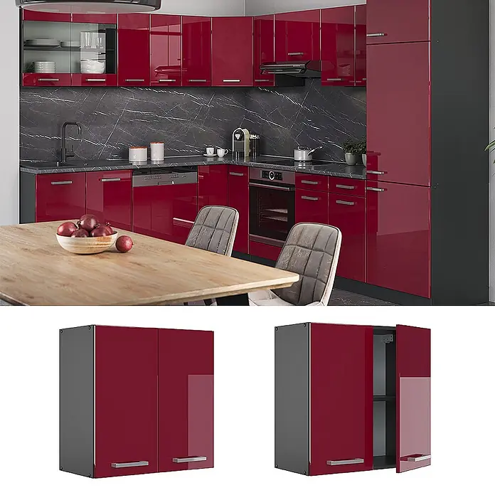 Vicco Schrankküche R-Line Rot Hochglanz - Rot Hochglanz, Hängeschrank 60 cm - Glänzende rote Küchenschränke mit dunkelgrauen Seiten in einer modernen Küche.