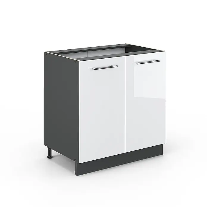 Vicco Schrankküche Fame-Line Weiß Hochglanz mit Regal, ohne Arbeitsplatte - Weiß Hochglanz, Unterschrank 80 cm - Weiß glänzender zweitüriger Küchenunterschrank mit dunkelgrauem Korpus und Chromgriffen.