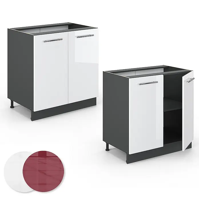 Vicco Schrankküche Fame-Line Weiß Hochglanz mit Regal, AP Marmor - Weiß Hochglanz, Unterschrank 80 cm, AP Marmor - Zwei graue Küchenunterschränke mit weißen Hochglanztüren, einer offen mit Innenregal. Weiße und rote Farbmuster.