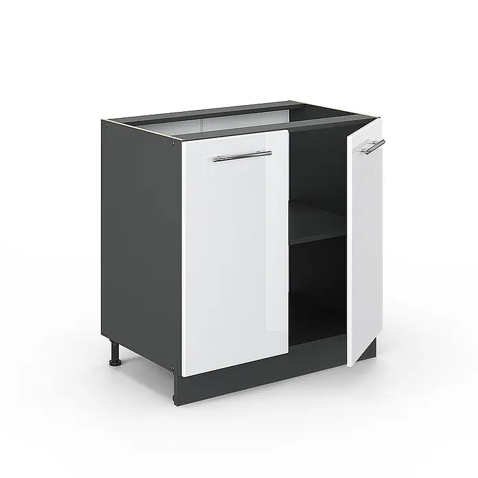 Vicco Schrankküche Fame-Line Weiß Hochglanz mit Regal, AP Marmor - Weiß Hochglanz, Unterschrank 80 cm, AP Marmor - Dunkelgrauer Küchenunterschrank mit zwei weißen Türen, eine offen, die ein Regal zeigt. Mit silbernen Griffen und verstellbaren Füßen.
