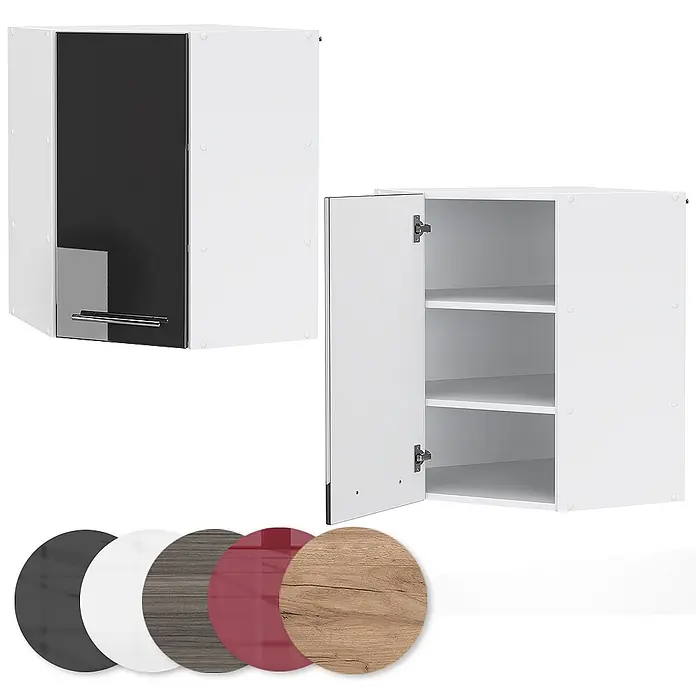 Vicco Schrankküche Fame-Line Anthrazit Hochglanz - Anthrazit Hochglanz, Eckhängeschrank 57 cm - Weißer Wandschrank mit schwarzer Tür, offen mit Regalböden gezeigt, plus Farbmuster.