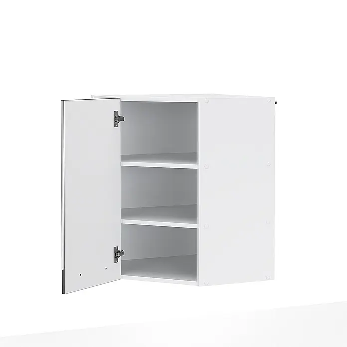 Vicco Schrankküche Fame-Line Anthrazit Hochglanz - Anthrazit Hochglanz, Eckhängeschrank 57 cm - Weißer Wandschrank mit leicht geöffneter Tür, der drei interne Ablageflächen zeigt.