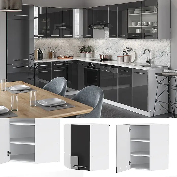 Vicco Schrankküche Fame-Line Anthrazit Hochglanz - Anthrazit Hochglanz, Eckhängeschrank 57 cm - Moderne dunkelgraue Hochglanz-Küchenschränke mit weißen Innenräumen in einer Küche.