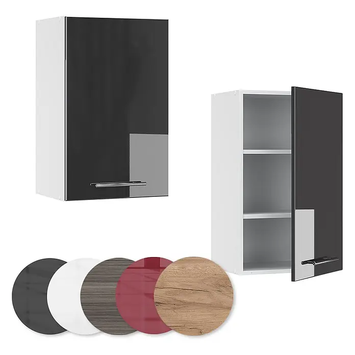 Vicco Schrankküche Fame-Line Anthrazit Hochglanz - Anthrazit Hochglanz, Hängeschrank 45 cm - Weißer Küchenoberschrank mit glänzender dunkelgrauer Tür, geschlossen und offen mit Regalböden gezeigt. Farb- und Holzdekormuster.