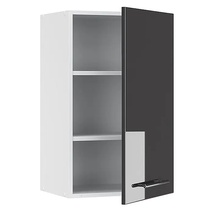 Vicco Schrankküche Fame-Line Anthrazit Hochglanz - Anthrazit Hochglanz, Hängeschrank 45 cm - Hängeschrank mit weißem Korpus und dunkelgrauer Tür. Offene Tür zeigt zwei Einlegeböden und Metallgriff.