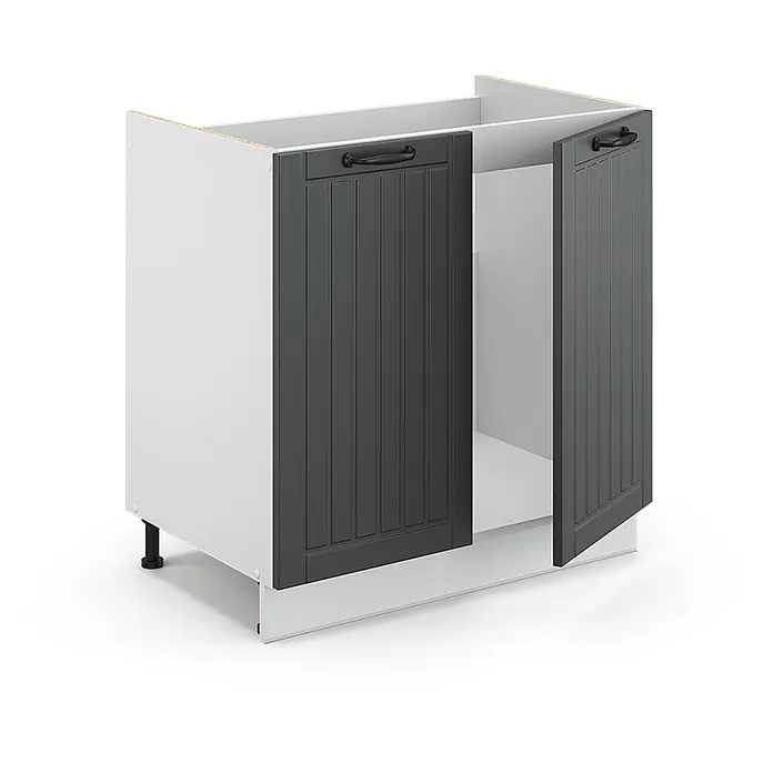 Vicco Schrankküche Fame-Line Anthrazit Landhaus, AP Marmor - Anthrazit Landhaus, Spülenunterschrank 80 cm, AP Marmor - Weißer Küchenunterschrank mit zwei dunkelgrauen Lamellentüren, eine offen, und schwarzen Griffen.