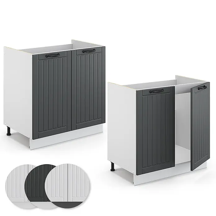 Vicco Schrankküche Fame-Line Anthrazit Landhaus, AP Marmor - Anthrazit Landhaus, Spülenunterschrank 80 cm, AP Marmor - Zwei weiße Küchenunterschränke mit dunkelgrauen, geriffelten Türen, schwarzen Griffen und Sockeln. Ein Schrank hat offene Türen.