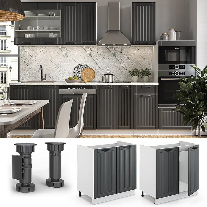 Vicco Schrankküche Fame-Line Anthrazit Landhaus, AP Marmor - Anthrazit Landhaus, Spülenunterschrank 80 cm, AP Marmor - Modulare dunkelgraue Küchenschränke mit gerillten Türen, in einer modernen Küche und mit verstellbaren Füßen.