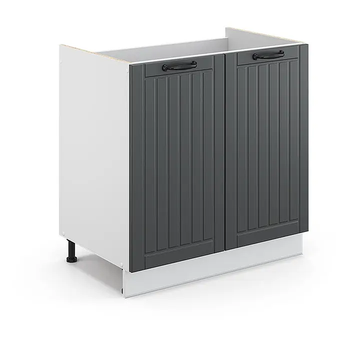 Vicco Schrankküche Fame-Line Anthrazit Landhaus, AP Marmor - Anthrazit Landhaus, Spülenunterschrank 80 cm, AP Marmor - Weißer Küchenunterschrank mit dunkelgrauen Lamellentüren, schwarzen Griffen, verstellbaren Füßen und einem weißen Sockel.