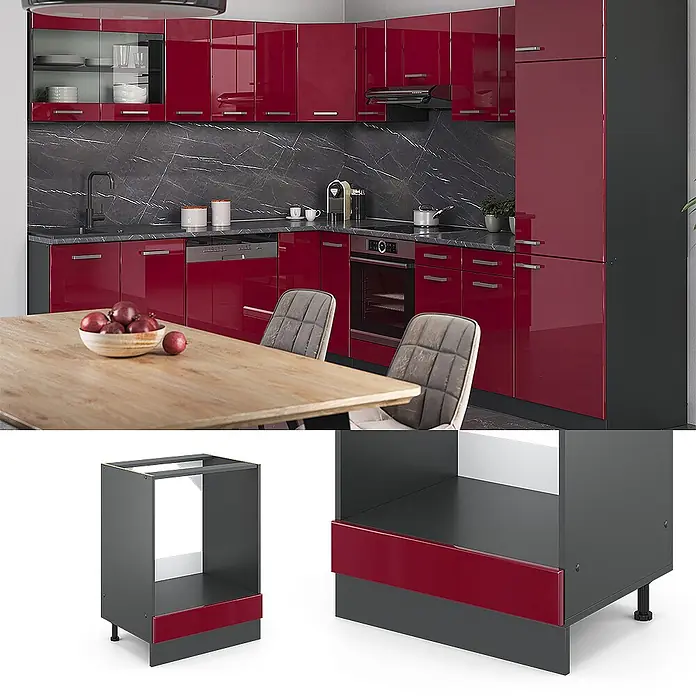 Vicco Schrankküche R-Line Rot Hochglanz ohne Arbeitsplatte - Rot Hochglanz, Herdumbauschrank 60 cm - Moderne Küche mit glänzenden roten Fronten und dunkelgrauen Korpusse, inklusive Unter- und Oberschränken sowie einem Ofenschrank.
