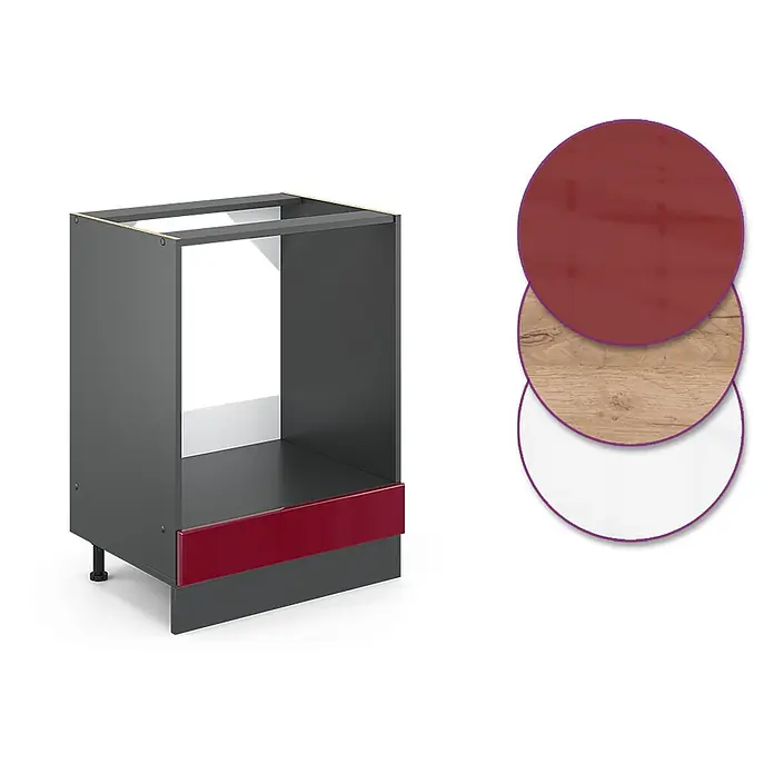 Vicco Schrankküche R-Line Rot J-Shape, AP Eiche - Rot, Herdumbauschrank 60 cm grifflos AP Eiche - Dunkelgrauer Küchenunterschrankkorpus mit roter Blende, dazu rote, Holz- und weiße Materialmuster.