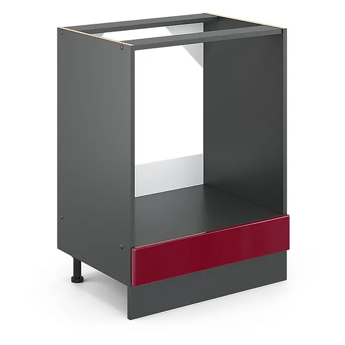 Vicco Schrankküche R-Line Rot Hochglanz ohne Arbeitsplatte - Rot Hochglanz, Herdumbauschrank 60 cm - Dunkelgrauer Küchenunterschrank mit roter Blende und offener Oberseite für Geräte.