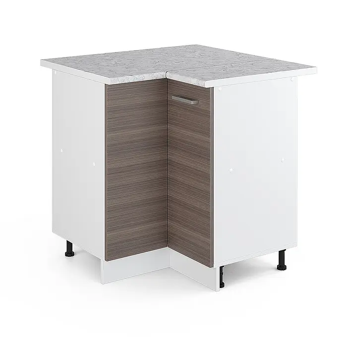 Vicco Schrankküche R-Line Edelgrau, AP Marmor - Edelgrau, Eckunterschrank - Weißer Kücheneckunterschrank mit braunen Holzdekorplatten, Marmor-Arbeitsplatte und silbernem Griff.