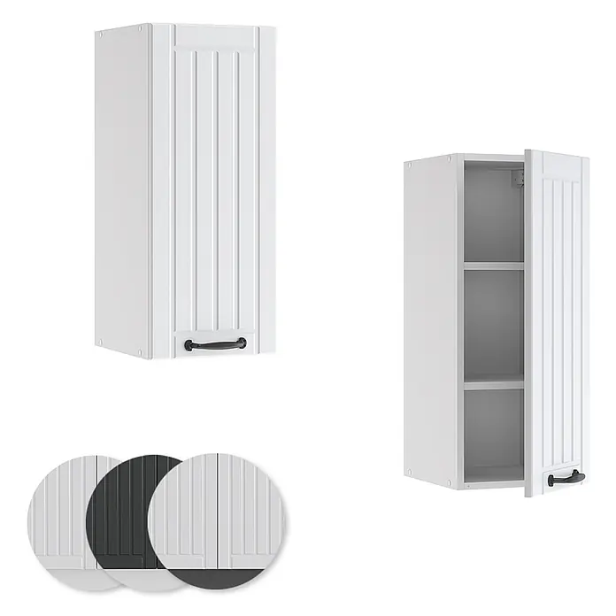 Vicco Schrankküche Fame-Line Weiß Landhaus - Weiß Landhaus, Hängeschrank 30 cm - Weißer Wandschrank mit Paneeltür und schwarzem Griff, geschlossen und offen mit Einlegeböden gezeigt. In mehreren Farben erhältlich.