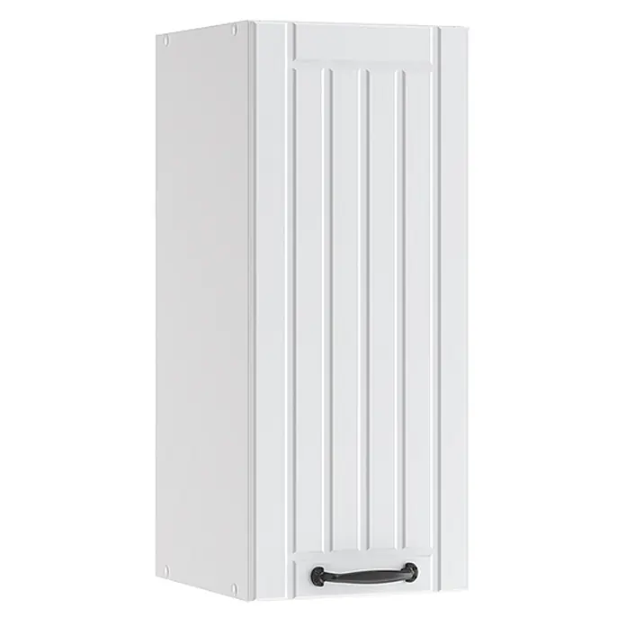 Vicco Schrankküche Fame-Line Weiß Landhaus - Weiß Landhaus, Hängeschrank 30 cm - Weißer Küchenschrank mit vertikal gerillter Tür und schwarzem Griff.