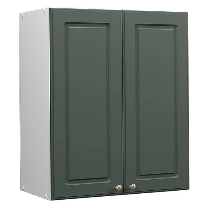 Vicco Schrankküche Fame-Line Grün-Gold Landhaus - Grün-Gold Landhaus, Hängeschrank 60 cm - Dunkelgrüner Hängeschrank mit zwei Kassettentüren und Messingknöpfen, mit hellgrauen Seiten.
