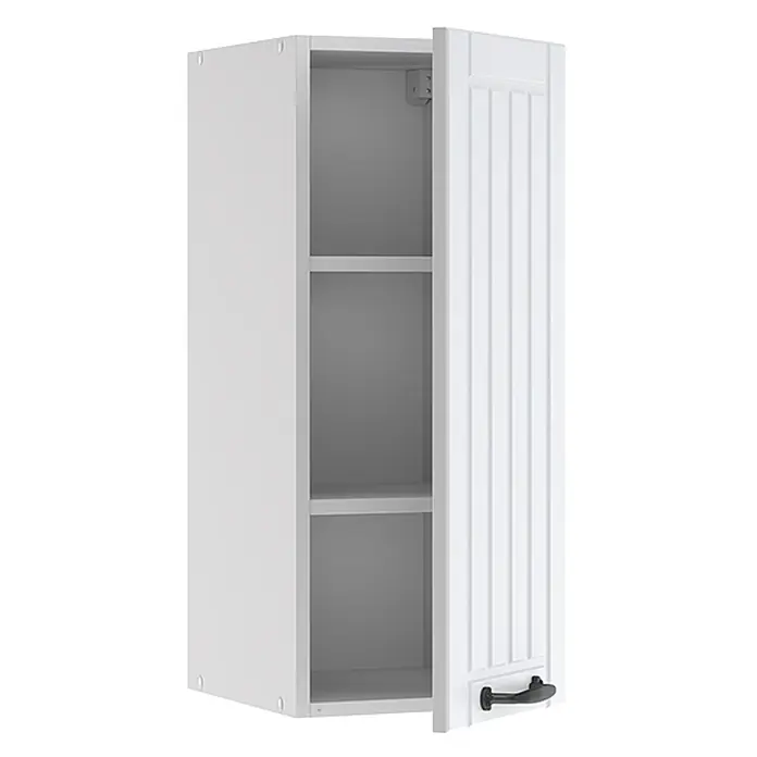 Vicco Schrankküche Fame-Line Weiß Landhaus - Weiß Landhaus, Hängeschrank 30 cm - Weißer Wandschrank mit offener gerippter Tür und schwarzem Griff, der interne Regale zeigt.