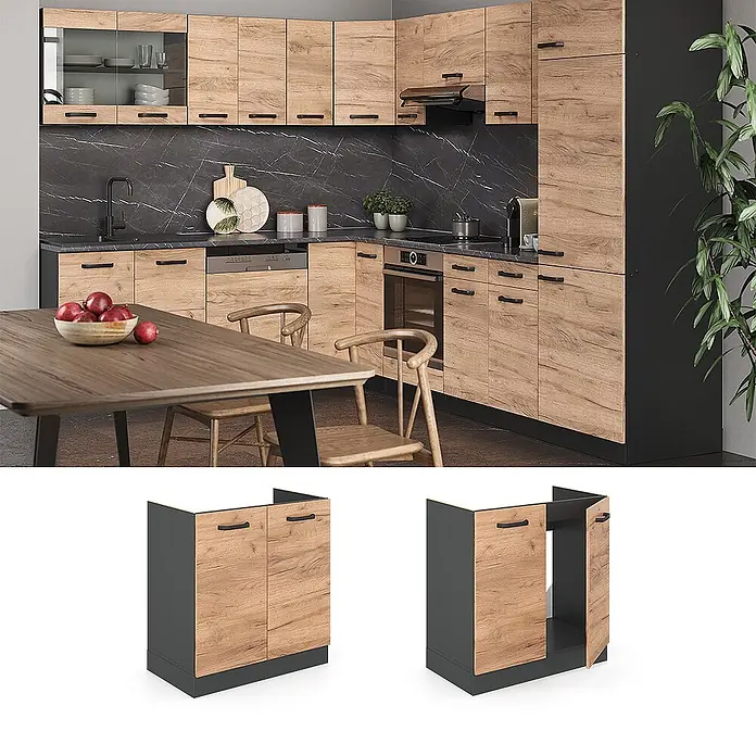Vicco Schrankküche R-Line Goldkraft Eiche ohne Arbeitsplatte - Goldkraft Eiche, Spülenunterschrank 80 cm - Moderne Küchenschränke mit Holzoptikfronten und dunkelgrauem Korpus, als Teil einer Küche und als einzelne Unterschränke.