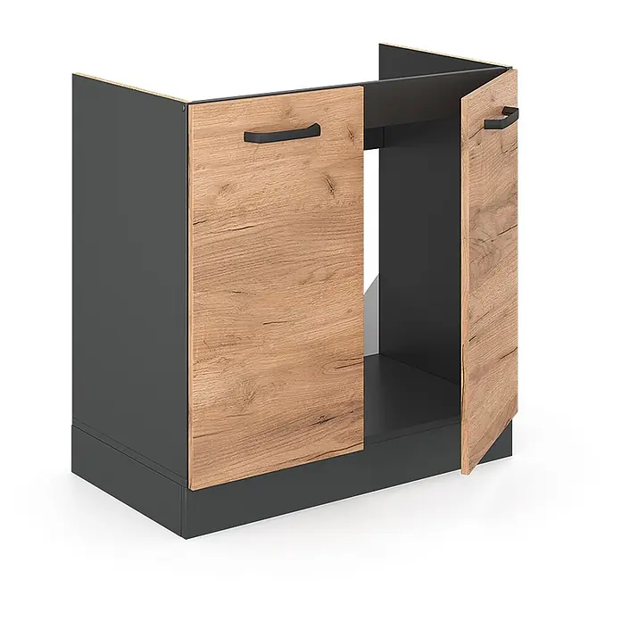 Vicco Schrankküche R-Line Goldkraft Eiche ohne Arbeitsplatte - Goldkraft Eiche, Spülenunterschrank 80 cm - Anthrazit Unterschrank mit hellen Eicheneffekt-Türen und schwarzen Griffen; eine Tür ist offen.