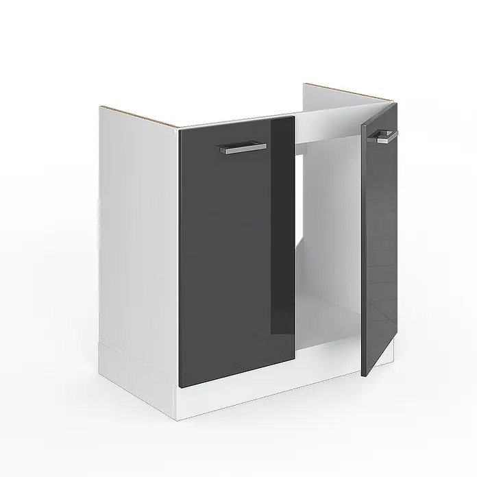 Vicco Schrankküche R-Line Anthrazit Hochglanz, AP Eiche - Anthrazit Hochglanz, Spülenunterschrank 80 cm, AP Eiche - Weißer Küchenunterschrank mit zwei dunkelgrauen Hochglanztüren und silbernen Griffen, eine Tür leicht geöffnet.