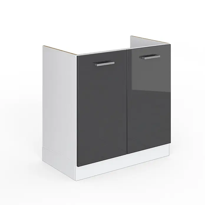 Vicco Schrankküche R-Line Anthrazit Hochglanz ohne Arbeitsplatte - Anthrazit Hochglanz, Spülenunterschrank 80 cm - Weißer Spülenunterschrank mit zwei dunkelgrauen Hochglanz-Türen und silbernen Griffen.
