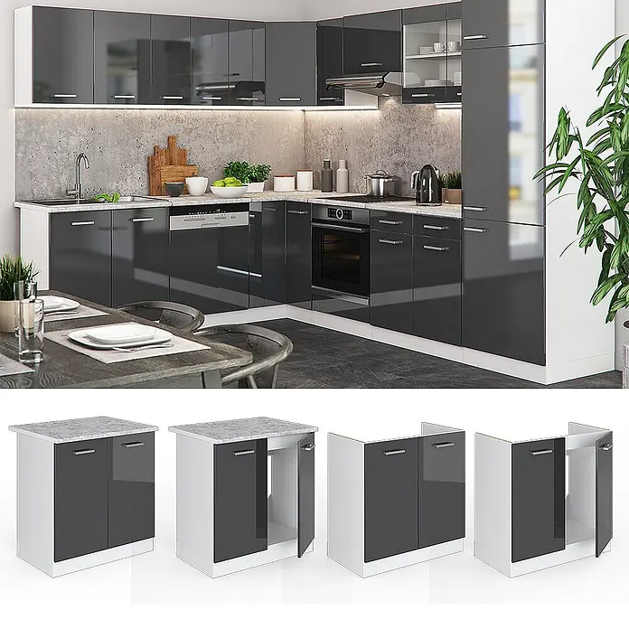 Vicco Schrankküche R-Line Anthrazit Hochglanz, AP Eiche - Anthrazit Hochglanz, Spülenunterschrank 80 cm, AP Eiche - Moderne modulare Küche mit hochglänzenden dunkelgrauen Schränken, weißen Rahmen und hellgrauen Arbeitsplatten.