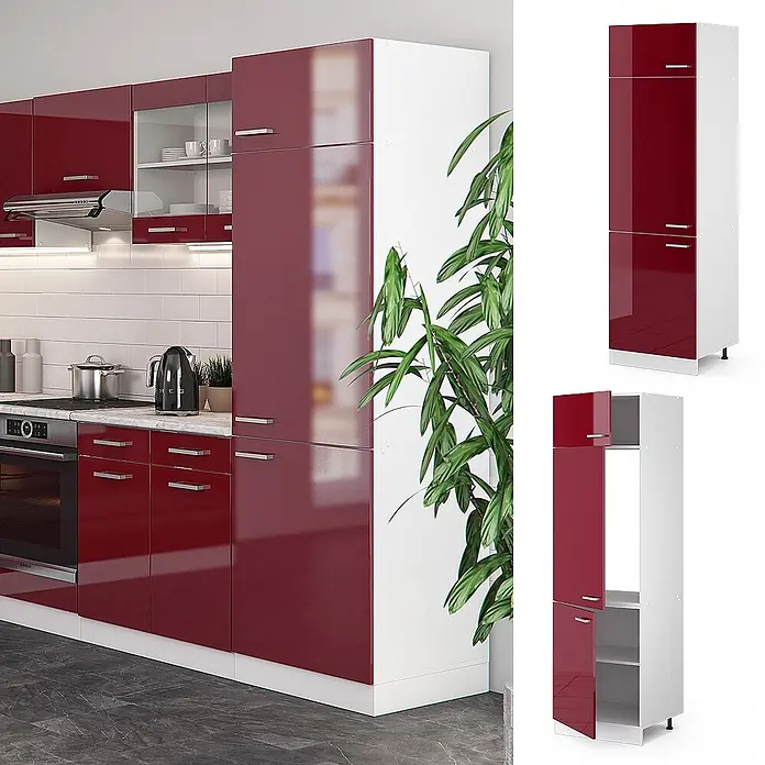 Vicco Schrankküche R-Line Rot Hochglanz - Rot Hochglanz, Kühlumbauschrank 60 cm - Hochglanzrote Küchenschränke mit weißen Akzenten, bestehend aus Unter-, Hänge- und Hochschränken für modernen Stauraum.