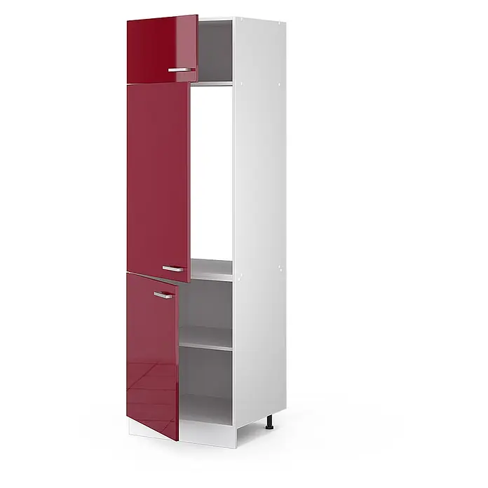 Vicco Schrankküche R-Line Rot Hochglanz - Rot Hochglanz, Kühlumbauschrank 60 cm - Hoher Küchenschrank mit weißem Korpus und glänzenden roten Türen. Verfügt über ein offenes Fach und verstellbare Einlegeböden.