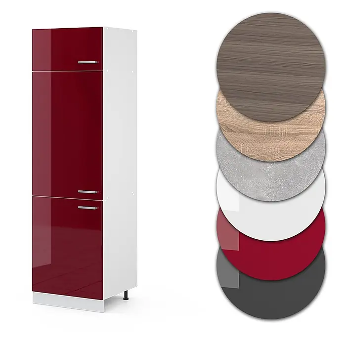 Vicco Schrankküche R-Line Rot Hochglanz - Rot Hochglanz, Kühlumbauschrank 60 cm - Hoher Küchenschrank mit glänzenden roten Türen und weißem Rahmen. Zeigt optionale Material- und Farbmuster (Holz, Stein, Weiß, Rot, Grau).
