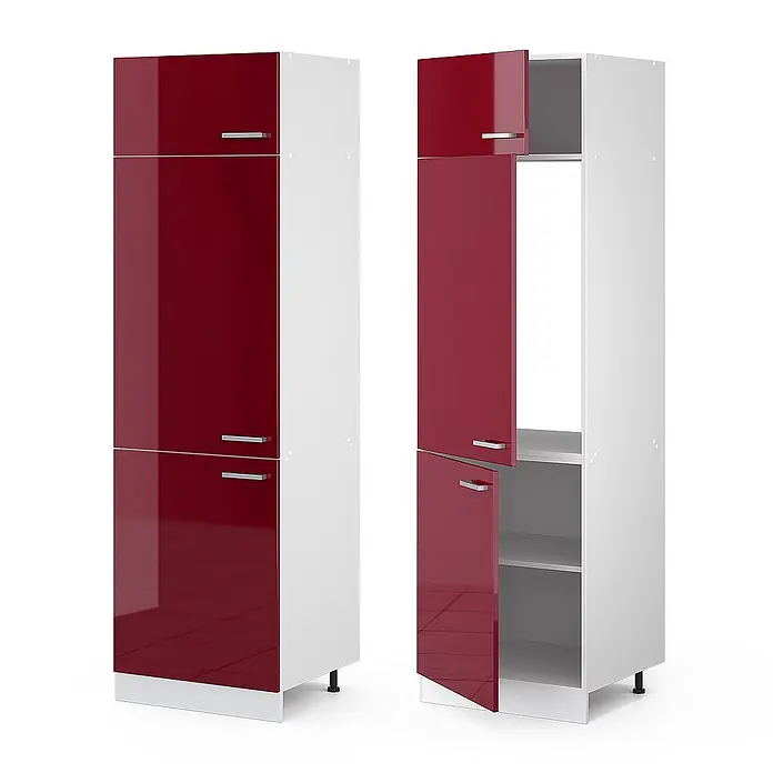 Vicco Schrankküche R-Line Rot Hochglanz - Rot Hochglanz, Kühlumbauschrank 60 cm - Zwei hohe, moderne Lagerschränke mit glänzenden roten Türen und weißen Rahmen. Einer ist geschlossen, der andere zeigt offene Türen mit Regalböden.