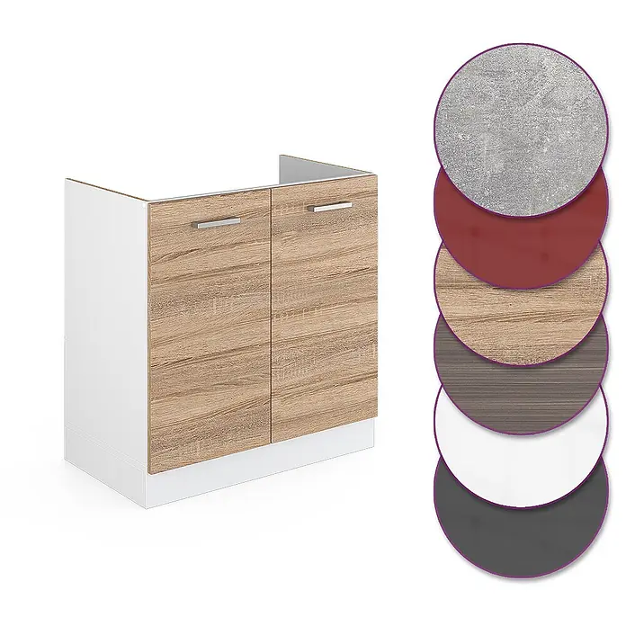 Vicco Schrankküche R-Line Sonoma ohne Arbeitsplatte - Sonoma, Spülenunterschrank 80 cm - Weißer Küchenunterschrank mit hellen Holztüren und silbernen Griffen, mit mehreren Farb-/Materialoptionen.