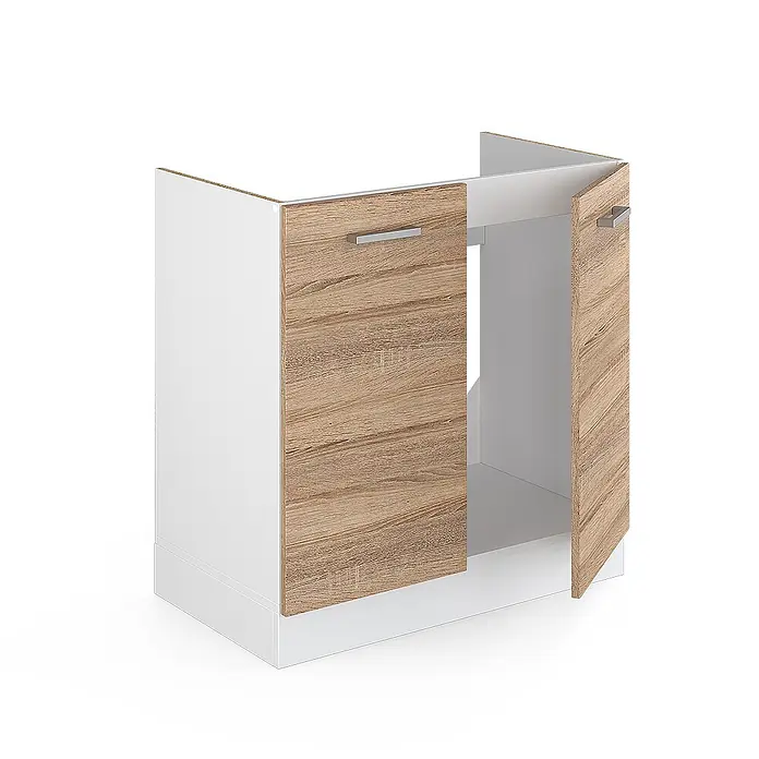 Vicco Schrankküche R-Line Sonoma, AP Eiche - Sonoma, Spülenunterschrank 80 cm - Weißer Unterschrank mit zwei hellen Holzoptik-Türen und silbernen Griffen, eine Tür leicht geöffnet.