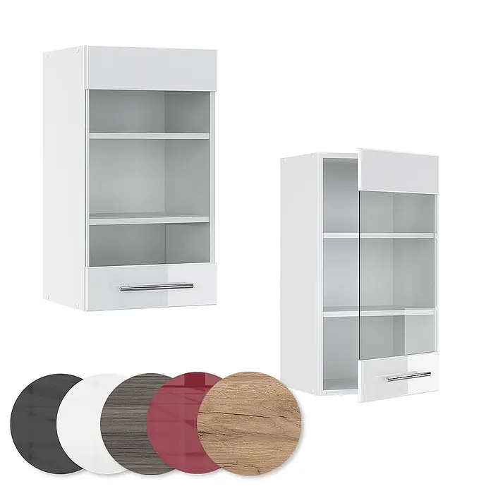Vicco Schrankküche Fame-Line Weiß Hochglanz - Weiß Hochglanz, Hängeglasschrank 40 cm - Weißer Wandschrank mit Regalen, Schublade und optionalen Glastüren. Farbmuster zeigen weitere Oberflächen.