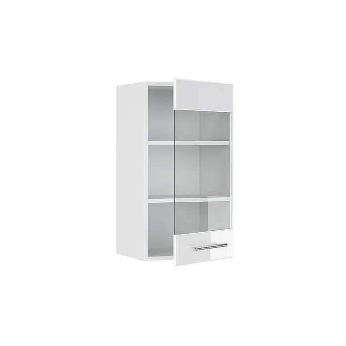 Vicco Schrankküche Fame-Line Weiß Hochglanz - Weiß Hochglanz, Hängeglasschrank 40 cm - Weißer Hängeschrank: obere Klappe, zentrale Glastüren mit Einlegeböden, untere Schublade mit Chromgriff.