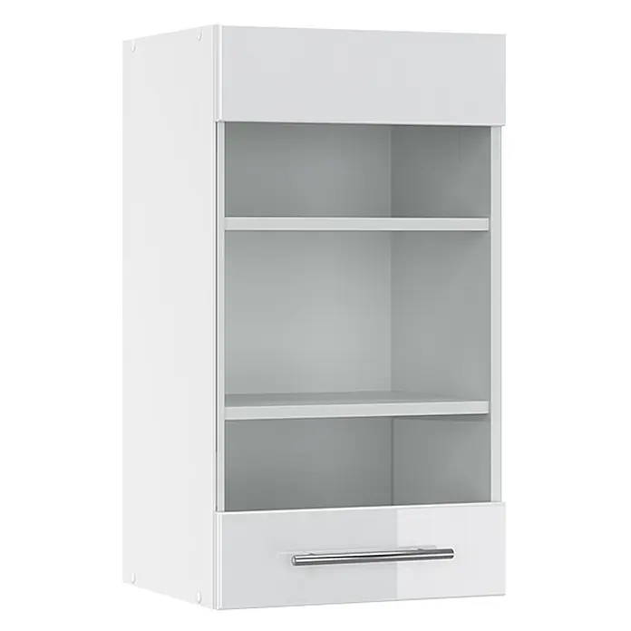 Vicco Schrankküche Fame-Line Weiß Hochglanz - Weiß Hochglanz, Hängeglasschrank 40 cm - Weißer Wandschrank mit offenen Regalen und einer Bodenschublade mit Chromgriff.