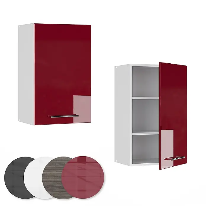Vicco Schrankküche Fame-Line Bordeaux Hochglanz - Bordeaux Hochglanz, Hängeschrank 45 cm - Hochglänzende rote Küchenhängeschränke, einer offen mit Regalen, einer geschlossen. Weiße Korpusse, Metallgriffe. Farbmuster enthalten.