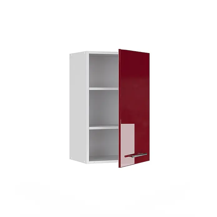 Vicco Schrankküche Fame-Line Bordeaux Hochglanz - Bordeaux Hochglanz, Hängeschrank 45 cm - Weißer Wandschrank mit glänzender roter Tür, leicht geöffnet, mit inneren Regalböden und silbernem Griff.