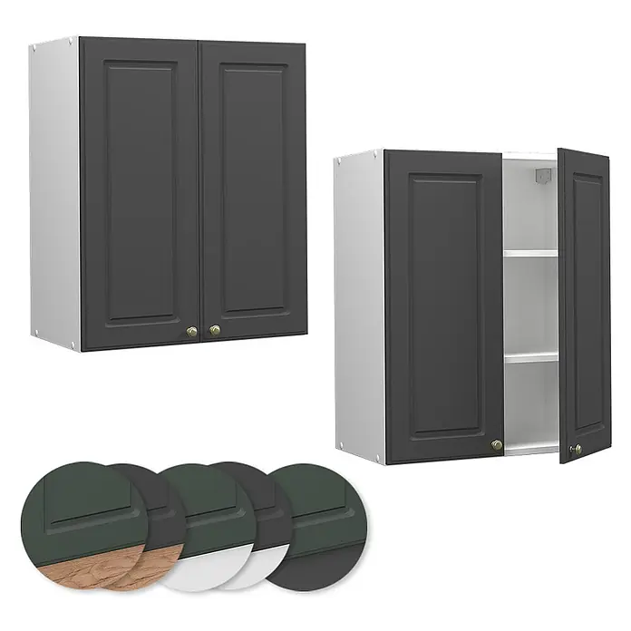 Vicco Schrankküche Fame-Line Anthrazit-Gold - Anthrazit-Gold, Hängeschrank 60 cm - Zwei dunkelgraue Küchenwandschränke, einer geschlossen und einer offen mit Regalen.