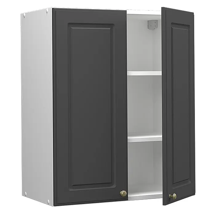Vicco Schrankküche Fame-Line Anthrazit-Gold - Anthrazit-Gold, Hängeschrank 60 cm - Weißer Wandschrank mit zwei dunkelgrauen Türen, offenbart zwei Innenregale und Messingknäufe.