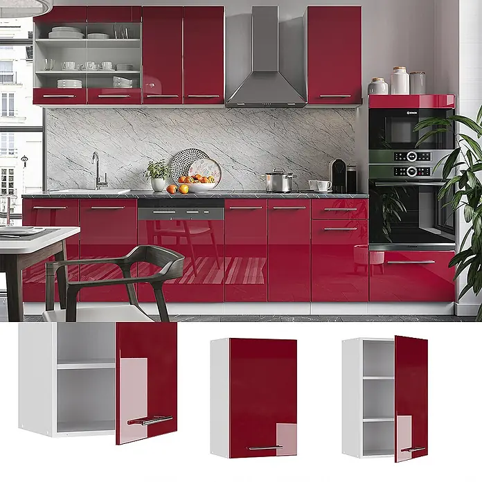 Vicco Schrankküche Fame-Line Bordeaux Hochglanz - Bordeaux Hochglanz, Hängeschrank 45 cm - Hochglänzende rote Küchenschränke und Schubladen in einer modernen Küche.