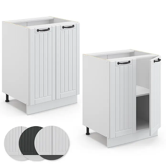 Vicco Schrankküche Fame-Line Weiß Landhaus, AP Eiche - Weiß Landhaus, Unterschrank 60 cm, AP Eiche - Zwei weiße Küchenunterschränke mit schwarzen Griffen, einer geschlossen, einer offen mit Regal. Inkl. Farboptionen.