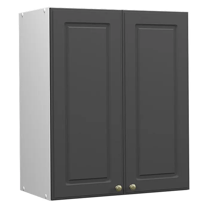 Vicco Schrankküche Fame-Line Anthrazit-Gold - Anthrazit-Gold, Hängeschrank 60 cm - Dunkelgrauer Wandschrank mit zwei Kassettentüren und Messingknöpfen, hellgraue Seiten.