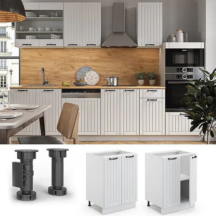 Vicco Schrankküche Fame-Line Weiß Landhaus, AP Eiche - Weiß Landhaus, Unterschrank 60 cm, AP Eiche - Moderne weiße Küchenschränke mit gerippten Türen, schwarzen Griffen und verstellbaren Beinen in zeitgemäßer Küche.