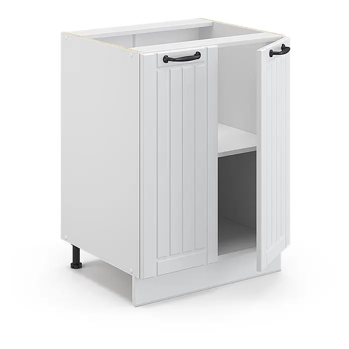 Vicco Schrankküche Fame-Line Weiß Landhaus, AP Eiche - Weiß Landhaus, Unterschrank 60 cm, AP Eiche - Weißer Küchenunterschrank mit zwei Kassettentüren, schwarzen Griffen und Innenregal, eine Tür geöffnet.