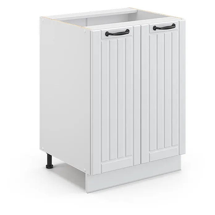 Vicco Schrankküche Fame-Line Weiß Landhaus ohne Arbeitsplatte - Weiß Landhaus, Unterschrank 60 cm - Weißer Küchenunterschrank mit zwei geriffelten Türen und schwarzen Griffen, auf verstellbaren Füßen mit Sockel.